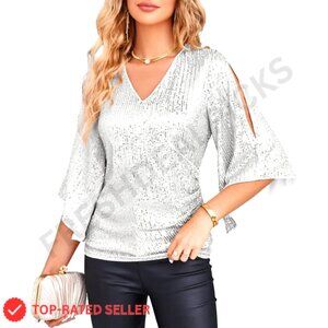 Sequin Sparkle Blouse V-Neck 3/4 Sleeve Party Club Concert Elegant Top